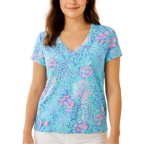 NWT Lilly Pulitzer Etta V-Neck Tee Blue Ibiza “Now You Sea Me”, Size S - Picture 1 of 7